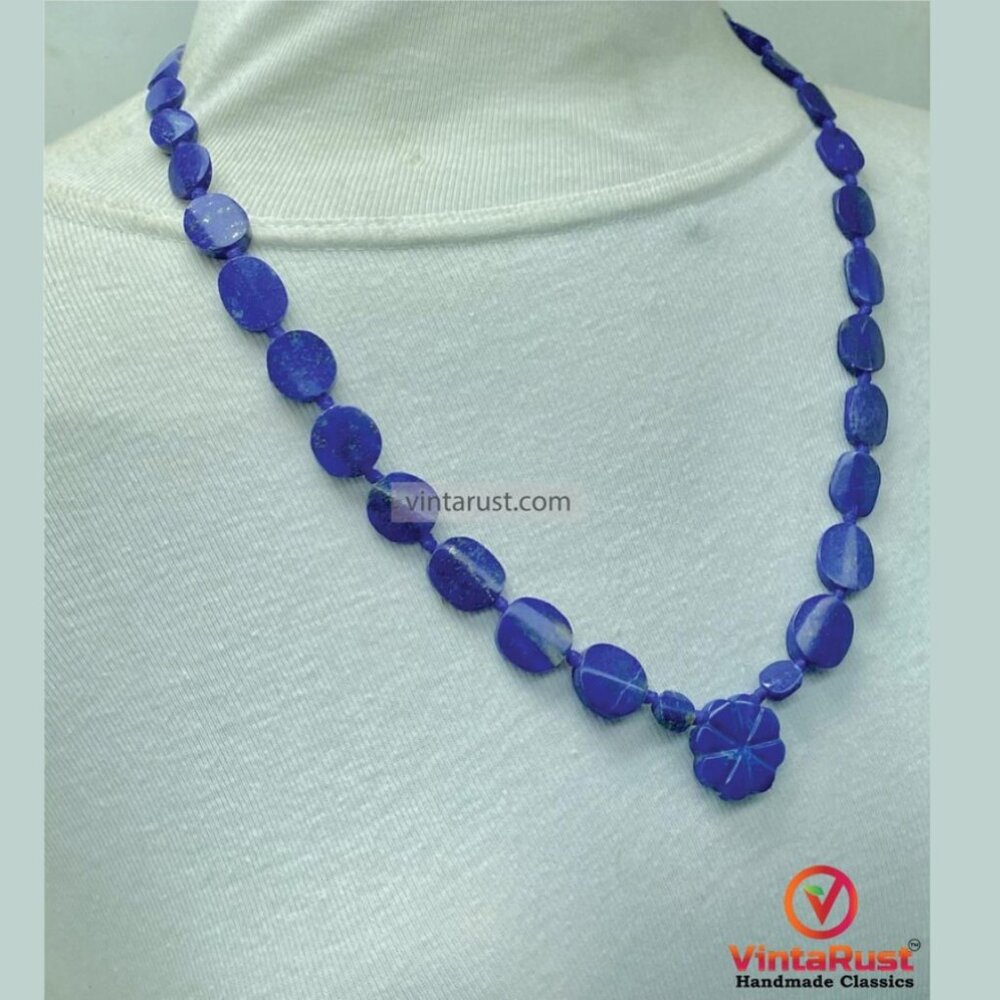 Blue Lapis Lazuli Necklace with Flower Pendant: Handmade Gemstone Jewelry